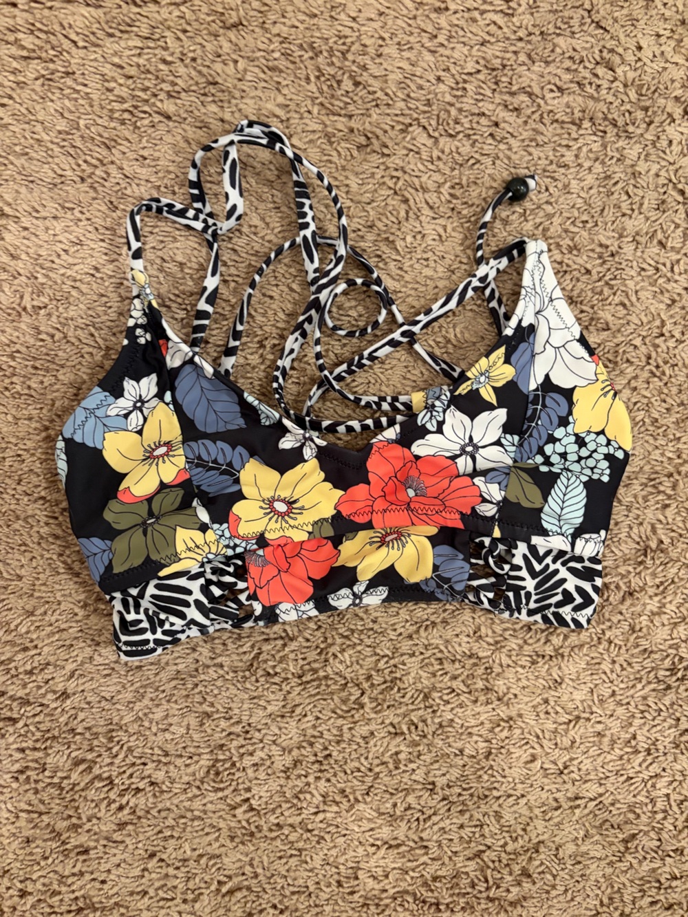 Floral Black Multi-Color Bikini Top